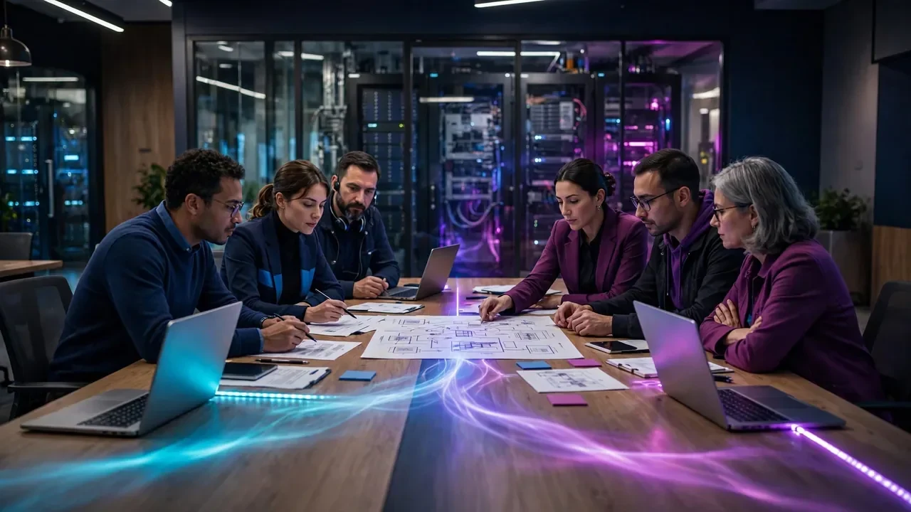 Representación de dos plataformas tecnológicas conectando inteligencia artificial con procesos empresariales