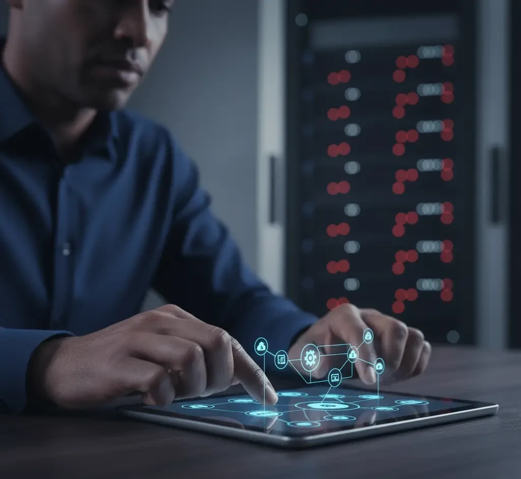 Engranajes y flujos de datos interconectados simbolizando la automatización de procesos.